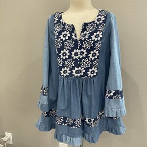 Handmade Hippy Boho Blue Denim & Jersey Tunic, all pre-loved fabrics, size L.